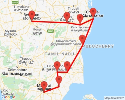 tourhub | Agora Voyages | Bangalore to Madurai South India Temple Trail | Tour Map
