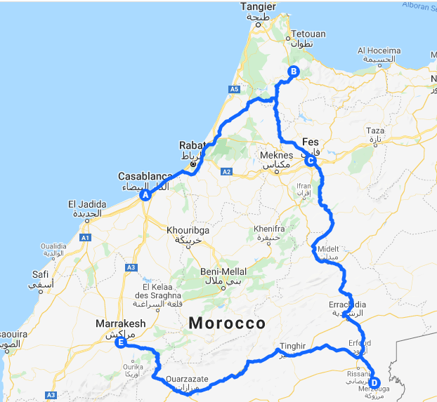 tourhub | Morocco Private Tours | 5 days from Casablanca to Marrakech visiting Chefchaouen, Fes and desert. | Tour Map