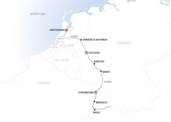 tourhub | CroisiEurope Cruises | From Amsterdam to Basel: The Treasures of the Celebrated Rhine River (port-to-port cruise) | Tour Map