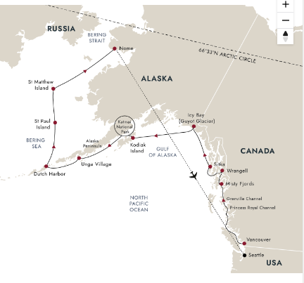 tourhub | HX Hurtigruten Expeditions | Alaska and British Columbia – Inside Passage, Bears and Aleutian Islands (Northbound) | Tour Map