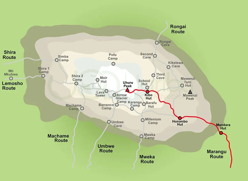 tourhub | Widerange African Safaris | The 6 days Marangu route Kilimanjaro hiking luxury package | Tour Map