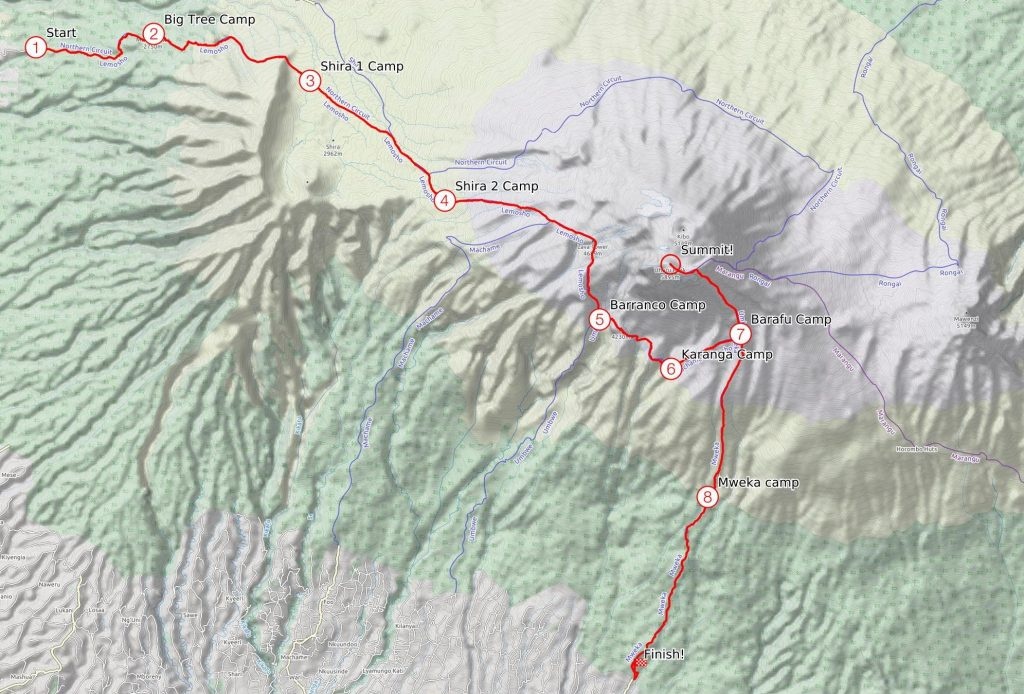 tourhub | Mbega African Safaris | 7 Days Kilimanjaro Climb Lemosho Route | Tour Map