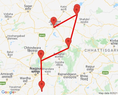 tourhub | Agora Voyages | Wildlife Safari in Tadoba Andhari, Pench, Kanha & Bandhavgarh National Parks | Tour Map