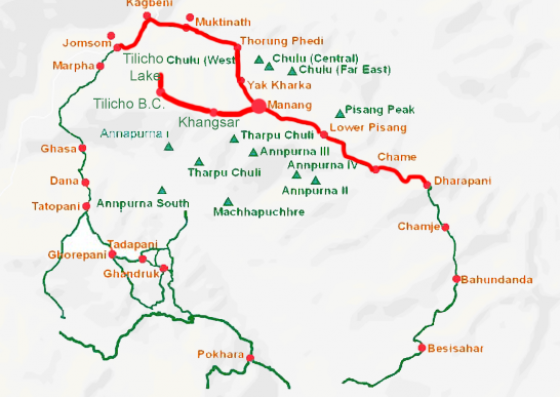 tourhub | Sherpa Expedition & Trekking | Annapurna Circuit with Tilicho Lake Trek | Tour Map