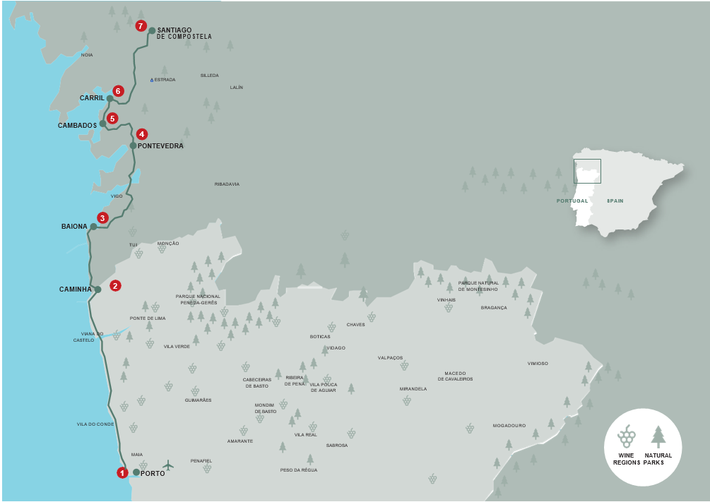 tourhub | Authentic Trails | Seafood and Paradores - Route to Santiago Medieval Treasures | Tour Map