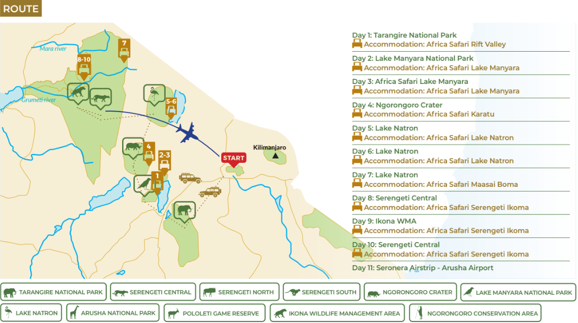 tourhub | Beach and Safari Holidays | Unveiling Tanzania's Natural Wonders: An 11-Day Safari Adventure | Tour Map