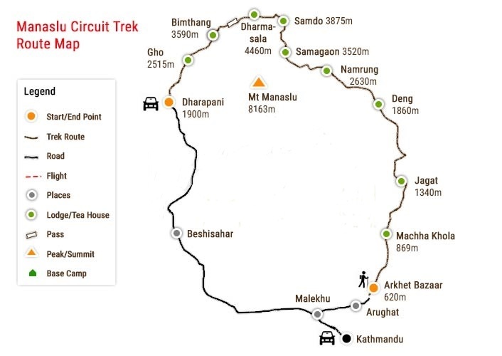 tourhub | Sherpa Expedition & Trekking | Manaslu Circuit Trek 14 Days | Tour Map