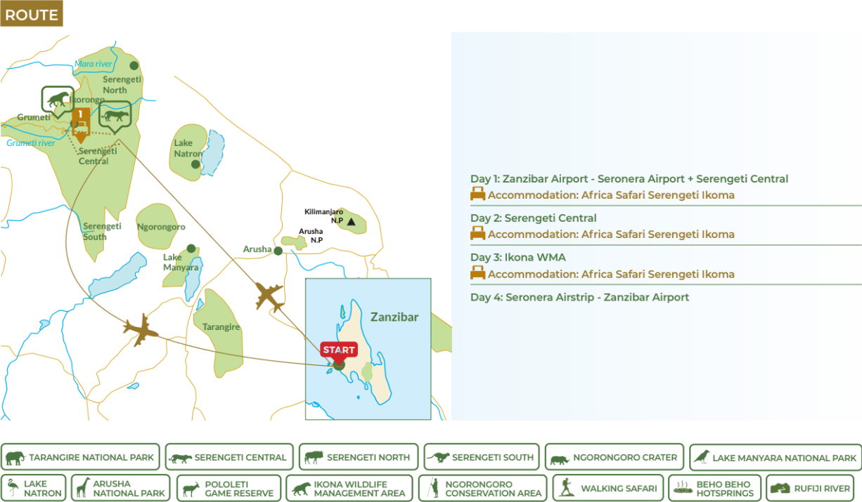 tourhub | Beach and Safari Holidays | From Zanzibar: 4-Day Serengeti game drive, night drive, safari | Tour Map