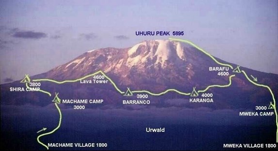 tourhub | Burigi Chato Safaris | 7 Days Kilimanjaro Mountain summit tour Via Machame route | Tour Map