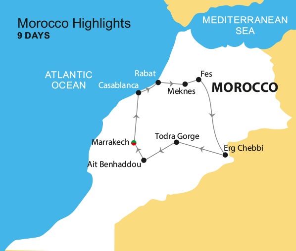tourhub | Nomadic Tours | Morocco Highlights Marrakech 9 Days | Tour Map