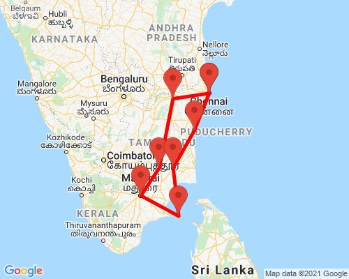tourhub | Agora Voyages | Temple of Tamilnadu Tour from Chennai | Tour Map