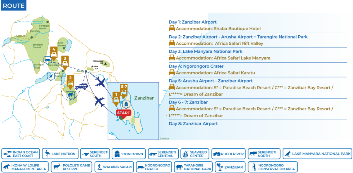 tourhub | Beach and Safari Holidays | Zanzibar & Lake Manyara | Tour Map