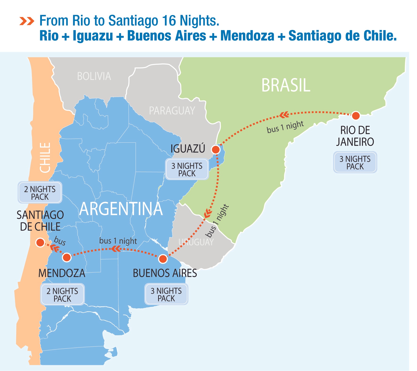 tourhub | Hi Travel Argentina | From Rio de Janeiro to Santiago de Chile (16 nights) | Tour Map