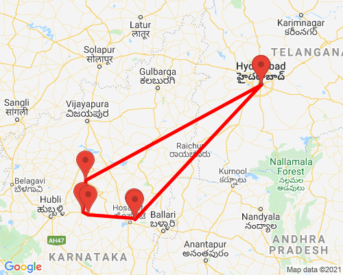 tourhub | Agora Voyages | Hyderabad to Badami & Hampi Tour | Tour Map