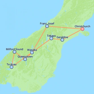 tourhub | On The Go Tours | Christchurch to Milford Sound & Franz Josef - 7 days | Tour Map