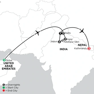 tourhub | Globus | Independent India & Nepal with Dubai: The Golden Triangle, Kathmandu, and Dubai | Tour Map