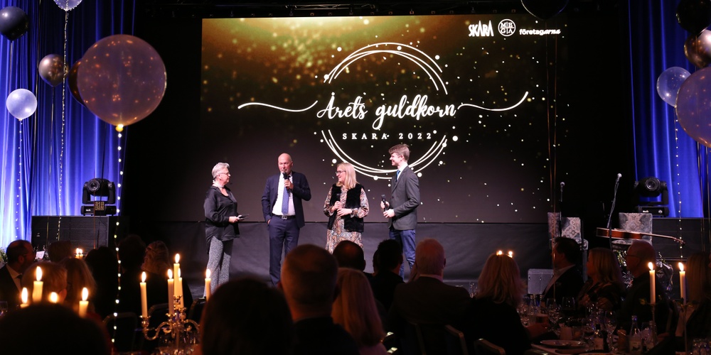 På scen: Konferencier Anna-Karin Johnson, Håkan Persson, MEGA+, Gunilla Druve Jansson, Skara kommun och Jonathan Bjelkengren, Företagarna