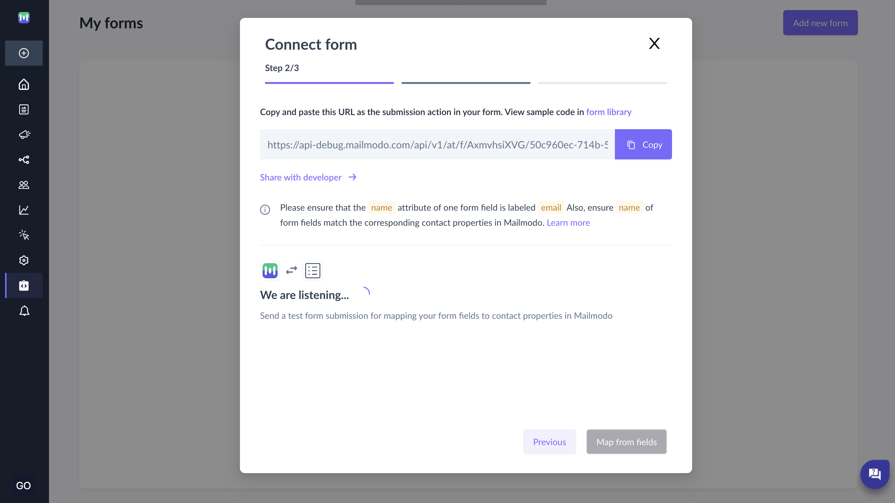 Connect form screenshot