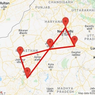 tourhub | Agora Voyages | Rajasthan (Delhi - Agra - Jaipur - Jodhpur - Udaipur) | Tour Map