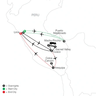 tourhub | Globus | Peru Splendors with Peru's Amazon, Arequipa & Colca Canyon | Tour Map