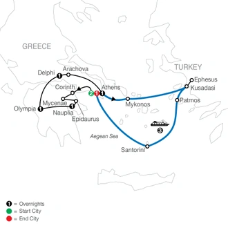 tourhub | Globus | Greek Escape plus 3-night Iconic Cruise | Tour Map