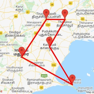 tourhub | Agora Voyages | Trichy, Madurai, Rameshwaram & Thanjavur Temples Tour | Tour Map