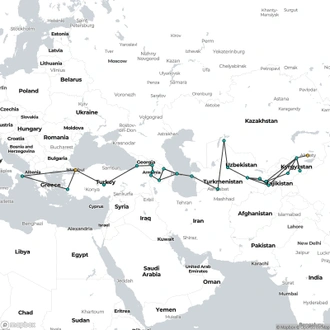 tourhub | Oasis Overland | Bishkek To Istanbul (83 daysWeeks) Wild Nature, the Stans, Caucasus & Turkey | Tour Map