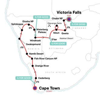 tourhub | G Adventures | Southern Africa Northbound: Dunes, Deltas & Falls | Tour Map