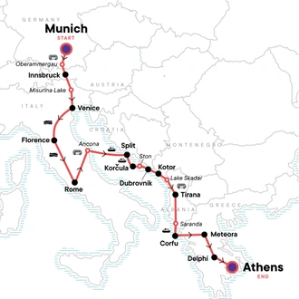 tourhub | G Adventures | Total Europe: Austria, the Mediterranean & Ancient Athens | Tour Map