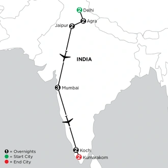 tourhub | Globus | Independent Highlights of Northern & Southern India | Tour Map