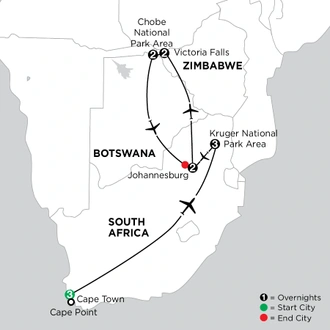 tourhub | Globus | Independent South Africa, Zimbabwe & Botswana | Tour Map