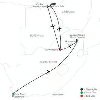 tourhub | Globus | Splendors of South Africa & Victoria Falls with Chobe National Park | Tour Map