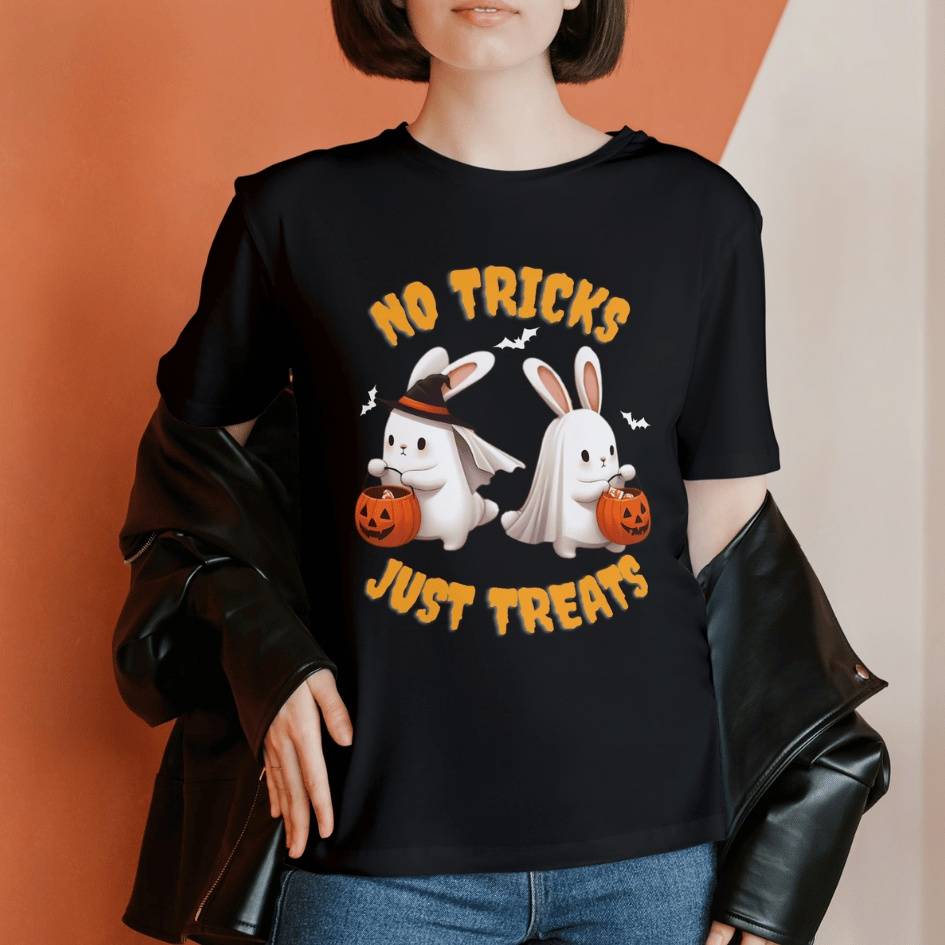'No Tricks Just Treats' Halloween Bunny T-Shirt | Black | Unisex