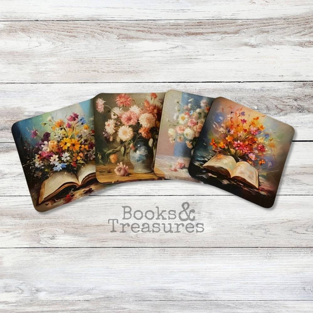 Colorful Floral Bookish Coasters Set of 4