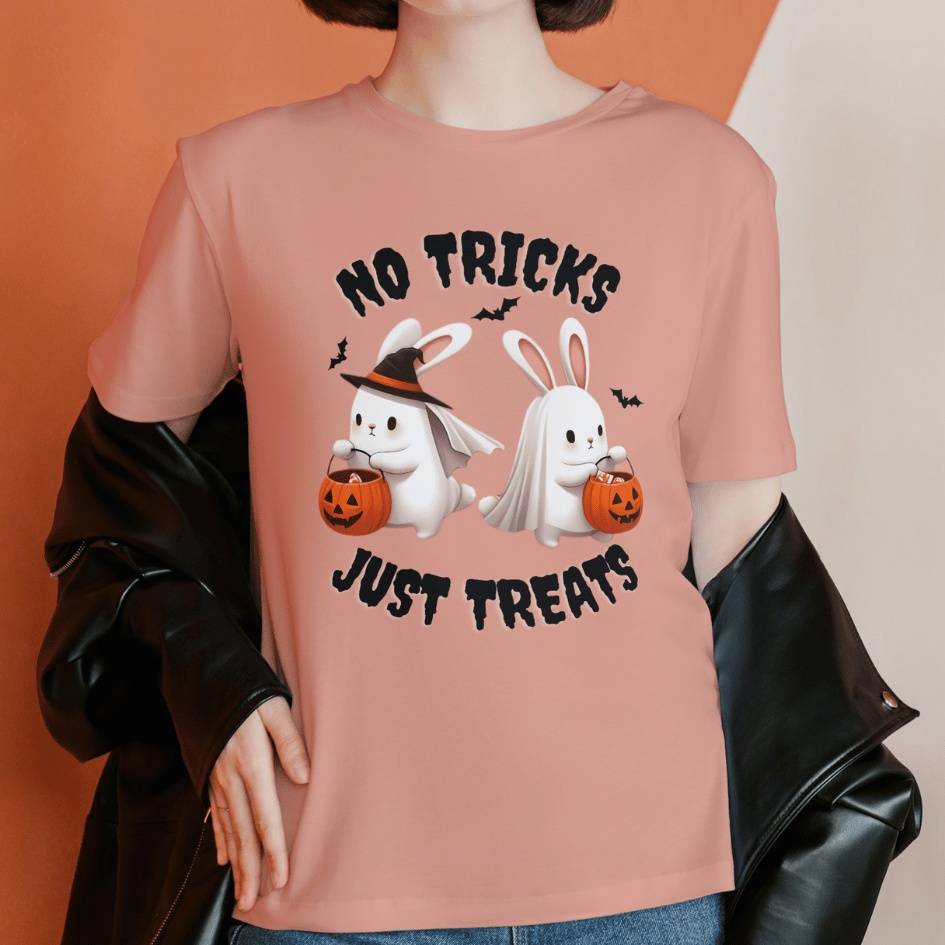 'No Tricks Just Treats' Halloween Bunny T-Shirt | Sunset Color | Unisex