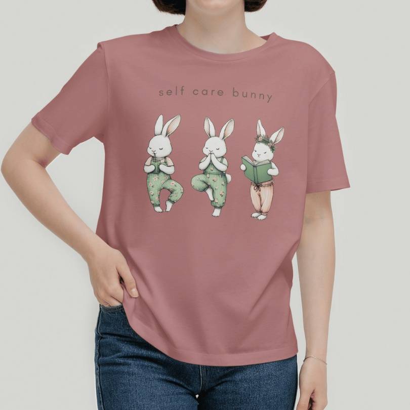 Self Care Bunny T-Shirt for Rabbit Mom in Heather Mauve
