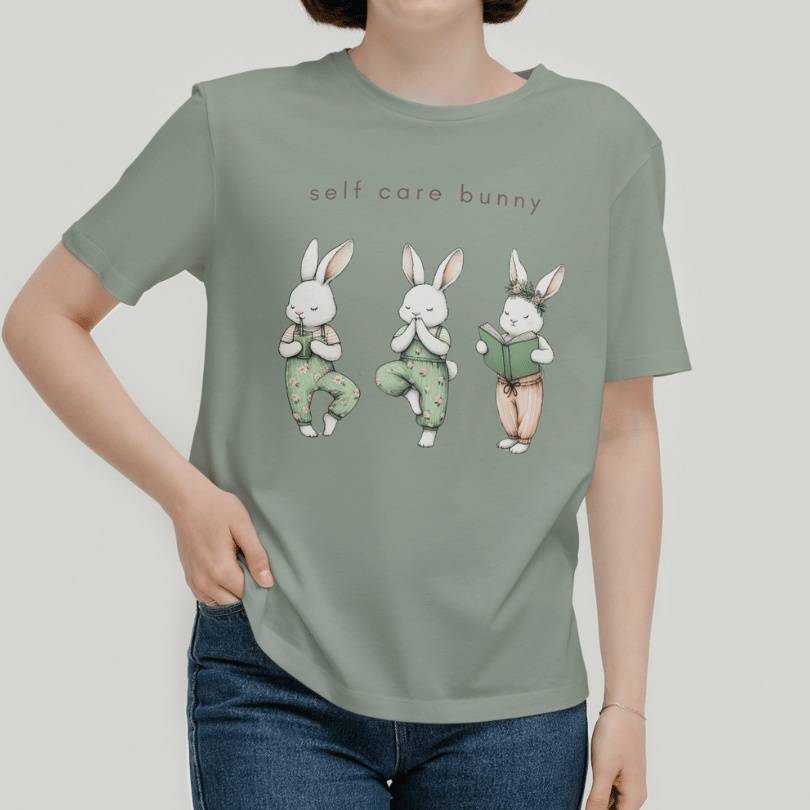 Self Care Bunny T-Shirt for Rabbit Mom in Sage