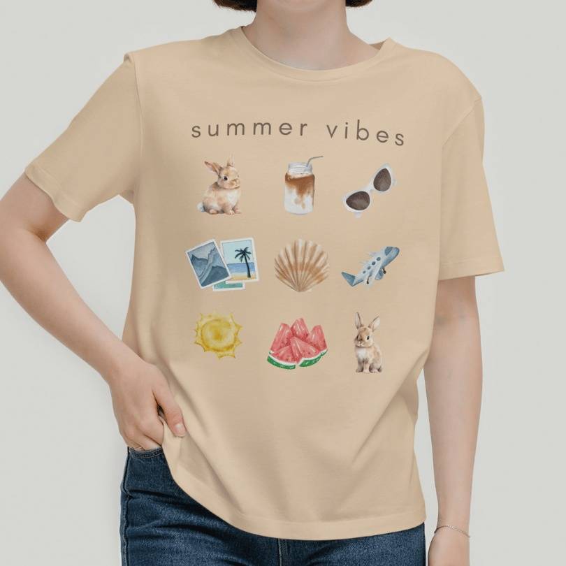 'Summer Vibes' T-Shirt for Bunny Lover in Oatmeal Color