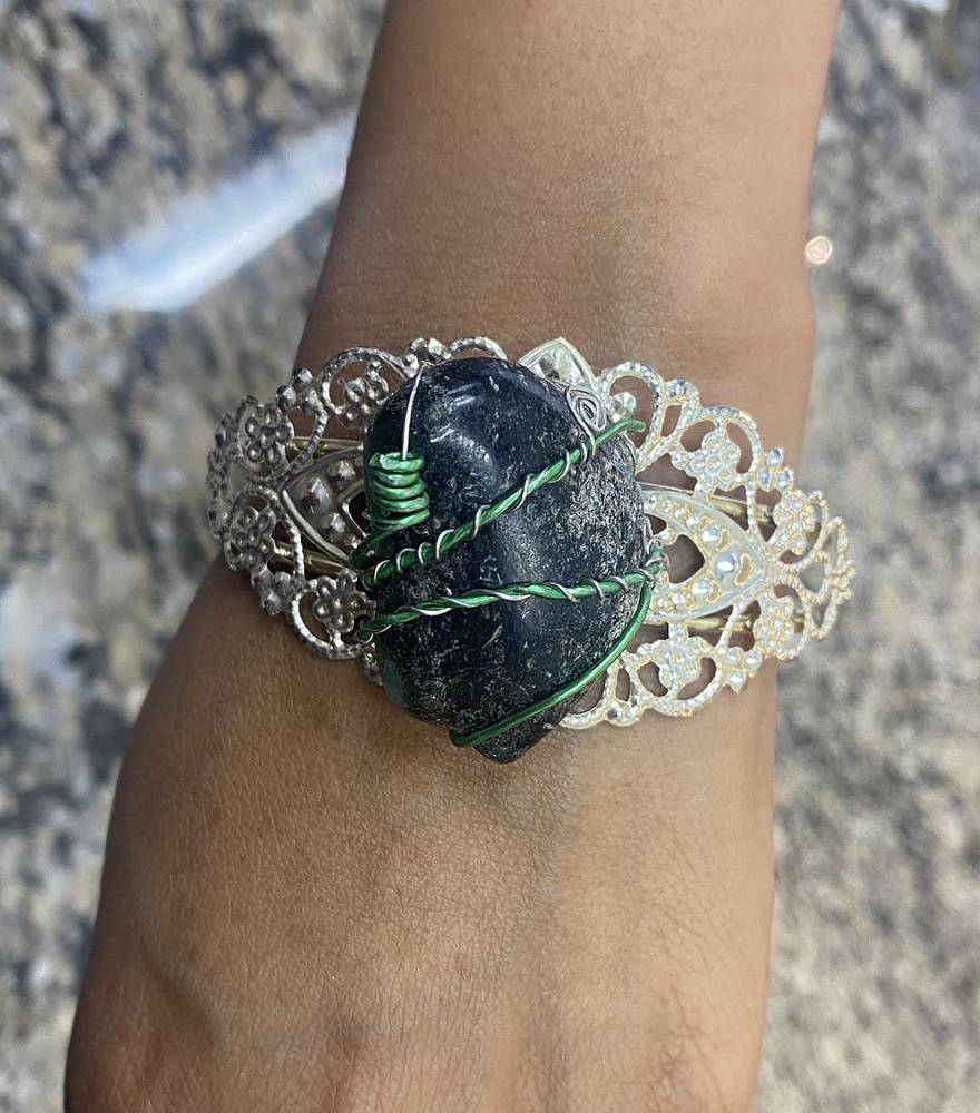 Raw Emerald Wire-Wrapped Silver Colored Bracelet