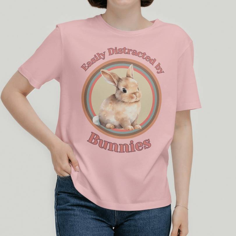 Easily Distracted by Bunnies T-Shirt for Bunny Mom in Pink
