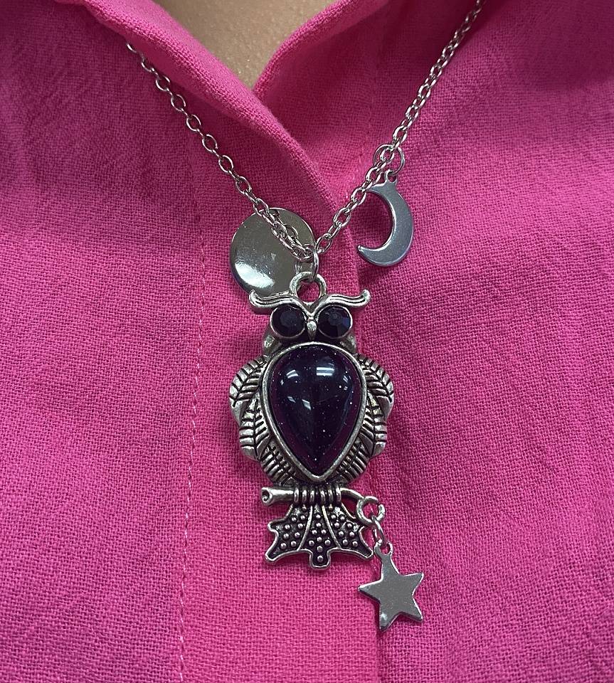 Blue Goldstone Owl Necklace with Moon & Star Charms