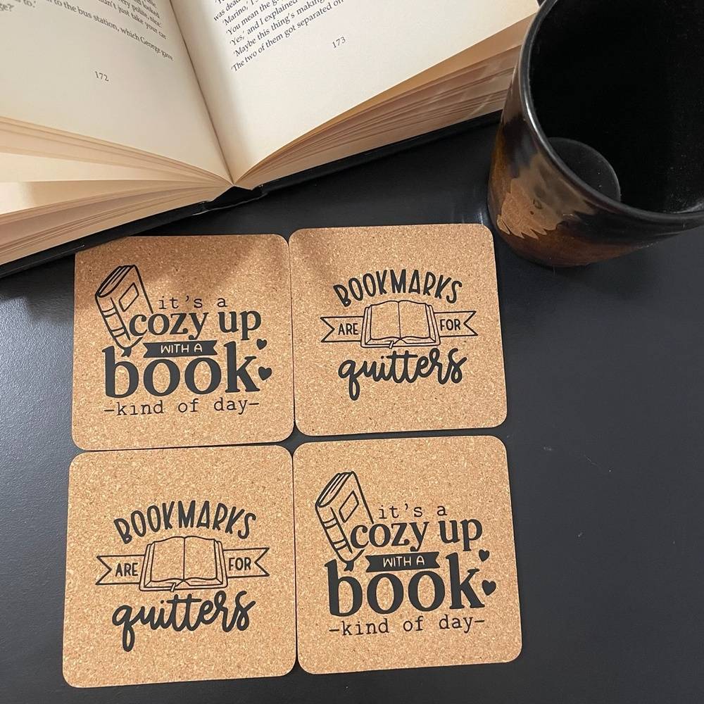Bookish Cork Coaster Gift Set of 4 Coasters with Canvas Bag