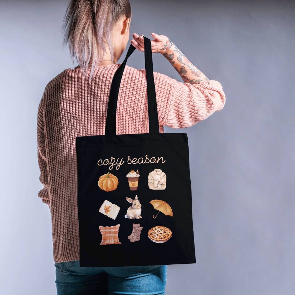'Cozy Season' Autumn Bunny Lover Trick-or-Treating Tote Bag | Black