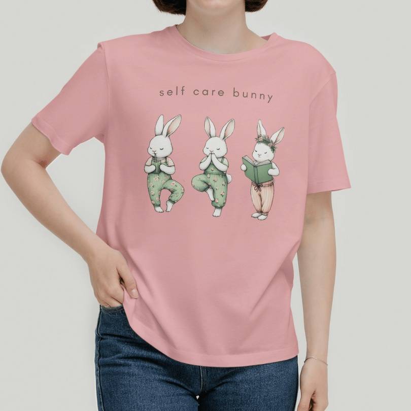 Self Care Bunny T-Shirt for Rabbit Mom in Pink