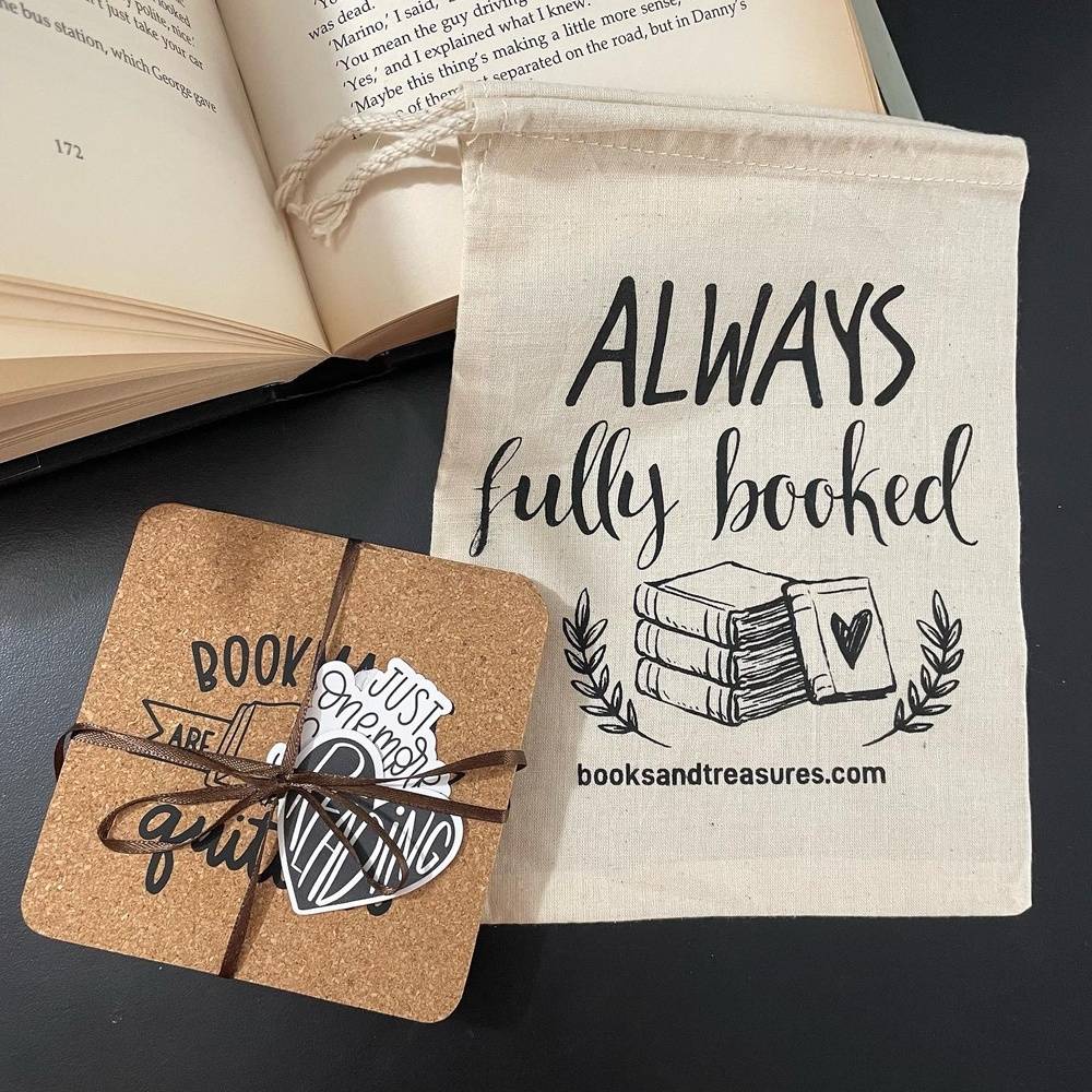Bookish Cork Coaster Gift Set of 4 Coasters with Canvas Bag