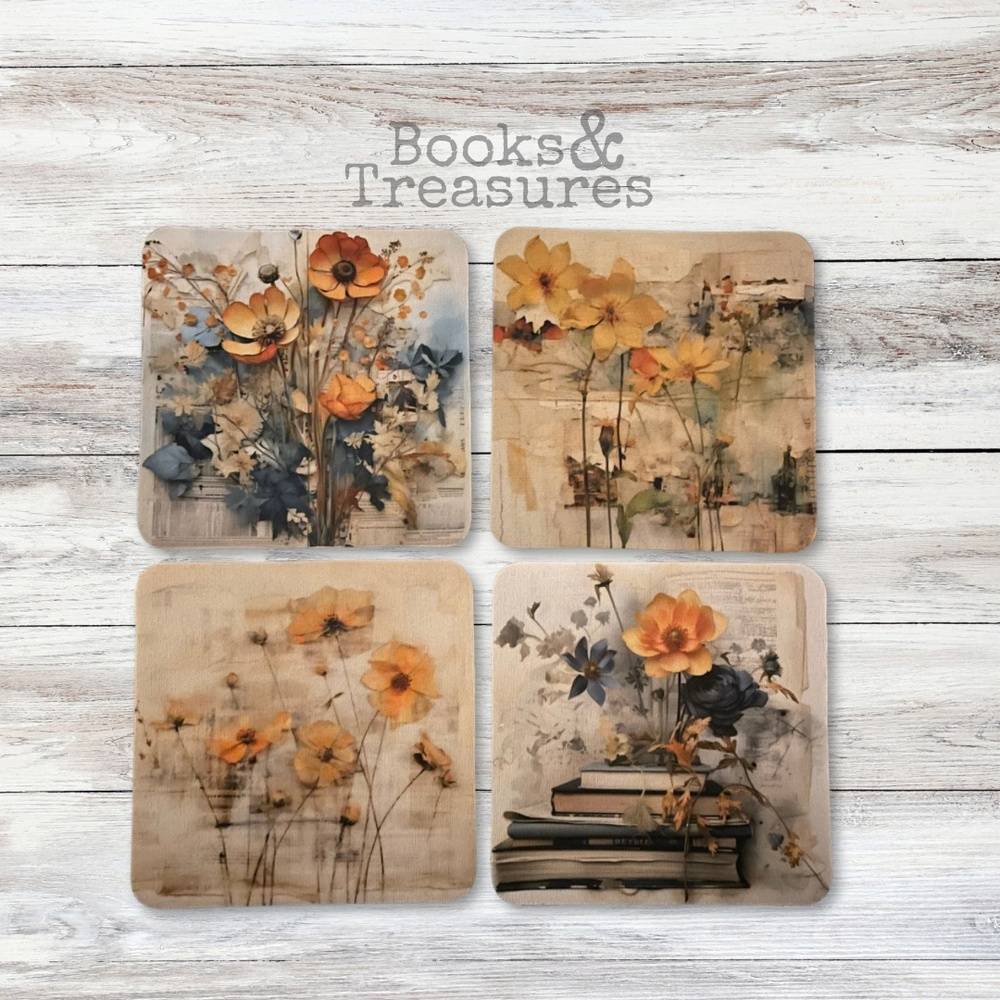 Floral Bookish Coasters Set of 4