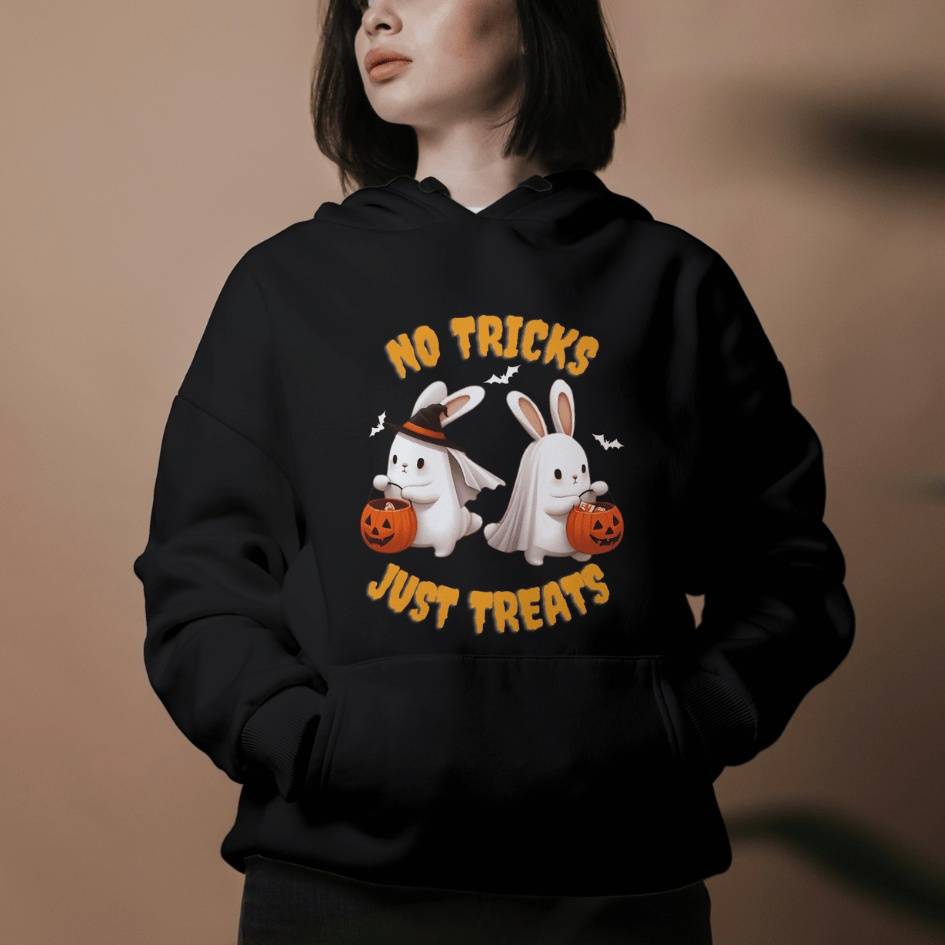 'No Tricks Just Treats' Halloween Bunny Hoodie | Black | Unisex
