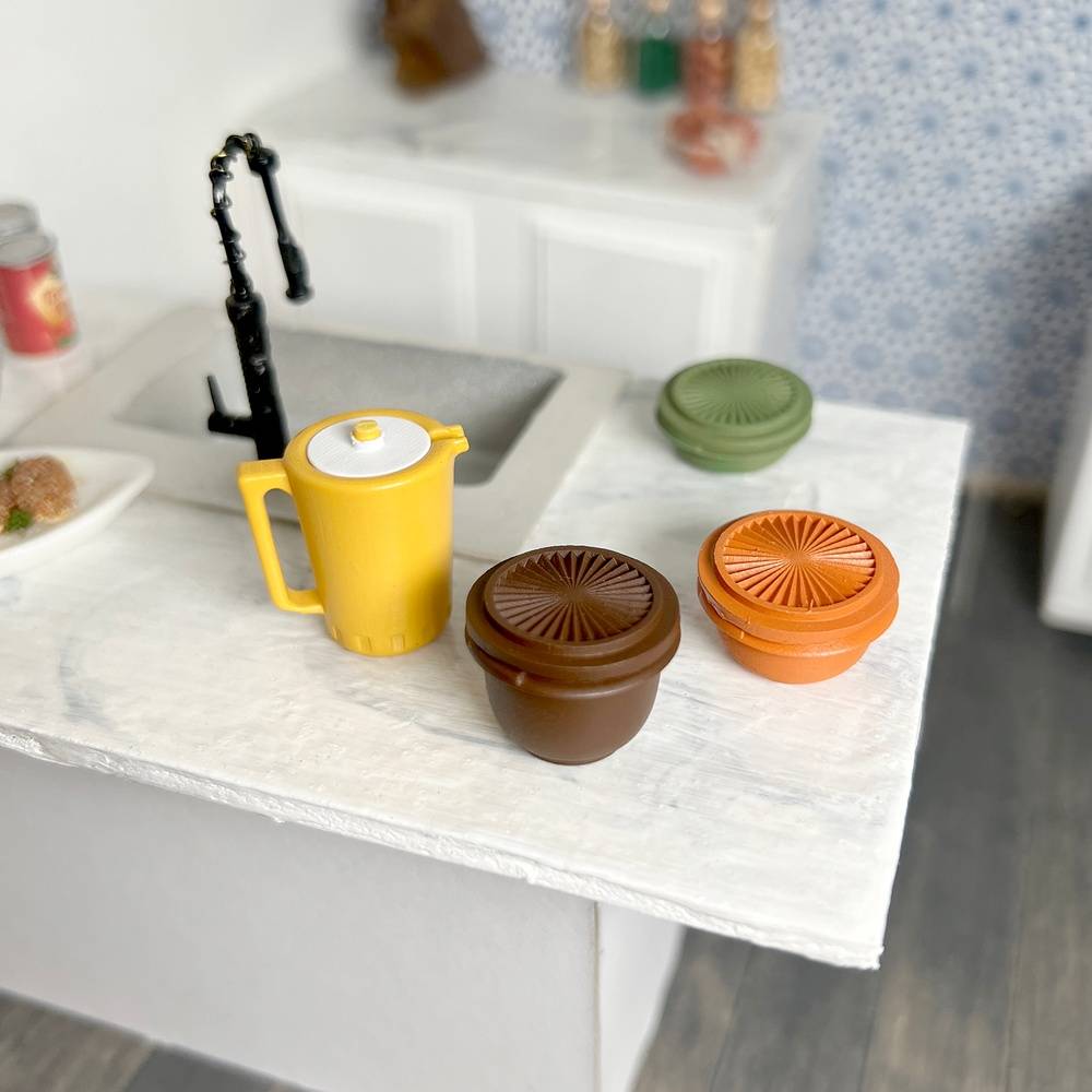 Dollhouse Miniature Storage Bowls and pitcher set with lids- Vintage; 1:12 scale