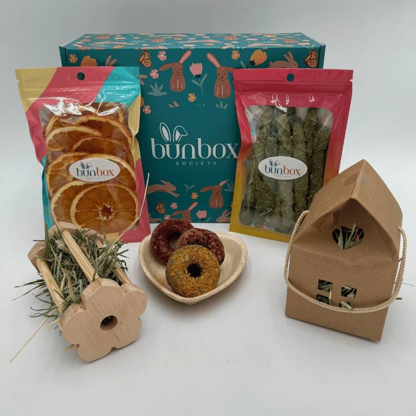 Bunny Gift Box with Wooden Hay Roller, Donut Treats, Forage House, Mulberry Leaf Rolls, Dehydrated Orange Slices, Palm Leaf Chew Bowl
