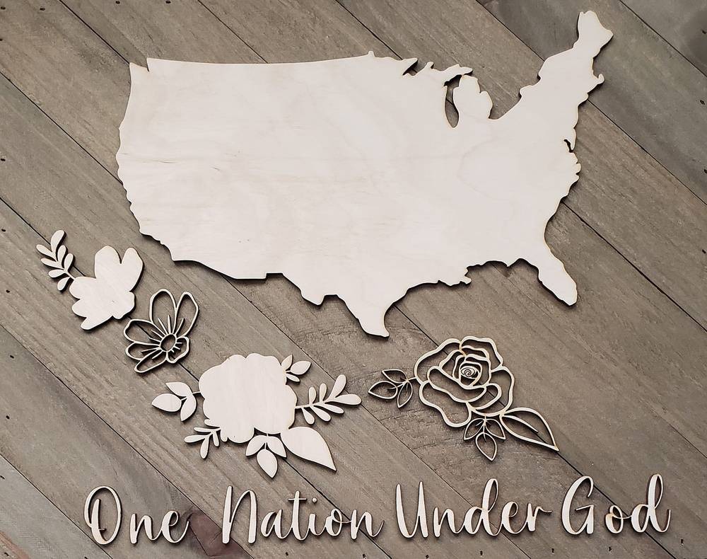 USA One Nation Under God Floral Wood Cutouts